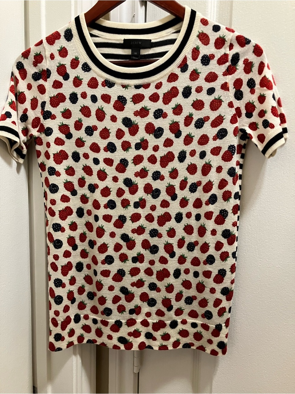 J. Crew Cream Knit Tee with Red & Navy Berry Print 100% Merino Wool